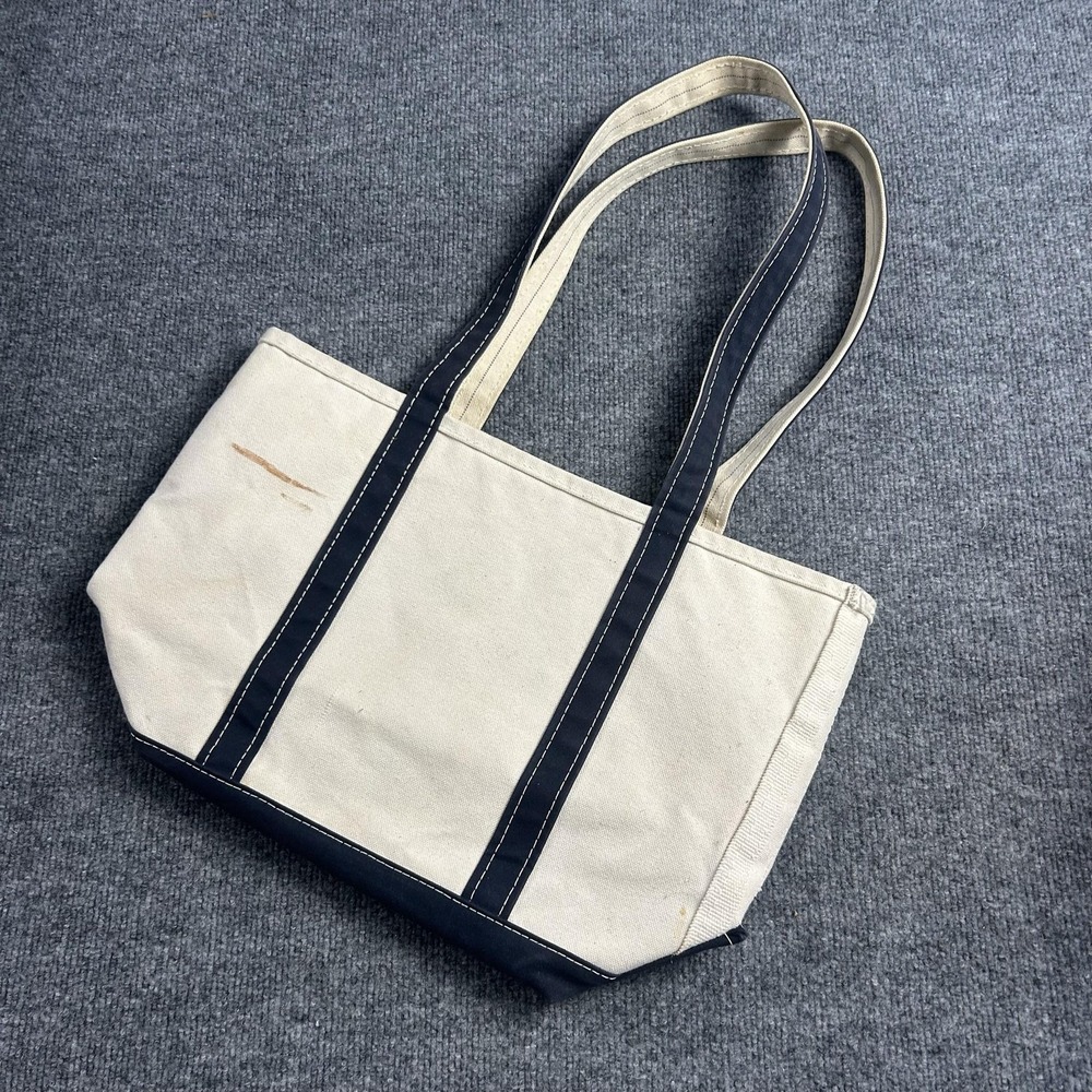 L.L.Bean Boat And Tote Bag Medium Natural Navy Canvas Made In USA Beach Shoulder